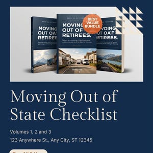 Puede incluir: Tres libros titulados "Moving Out of Retirees" y "Moving Out of State Checklist" se muestran sobre un fondo azul oscuro. Los libros tienen imágenes de casas y paisajes. También es visible el texto "Best Value Bundle".