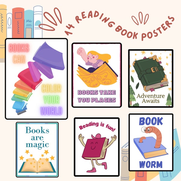 Reading Posters for Library Classroom Bedroom Office, Book Lovers Decorations, Printable Posters for Readers, Reading Room Decoration