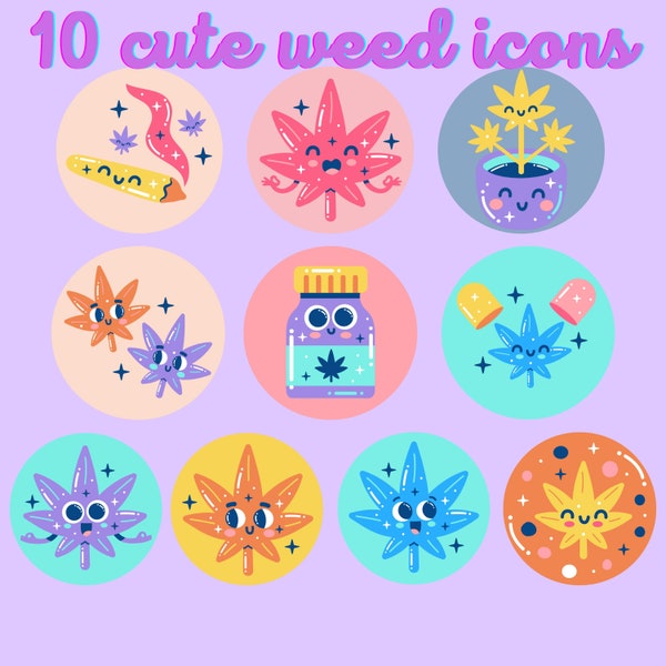 10 Cute Weed Icons Pack - Instagram Highlights themed app icons - kawaii cartoon graphics