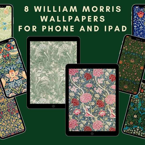 8 William Morris Dark Floral Print Phone/iPad Wallpapers | Watch Face Backgrounds | Vintage | Phone Lock Screen | PNG files
