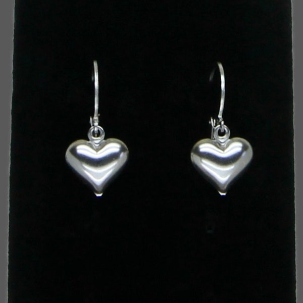 Petite Silver Puffed Heart Drop Earrings on 304 Stainless Steel Huggie Hoop (lever back) Clasps - Lightweight - Great for kids or adults!