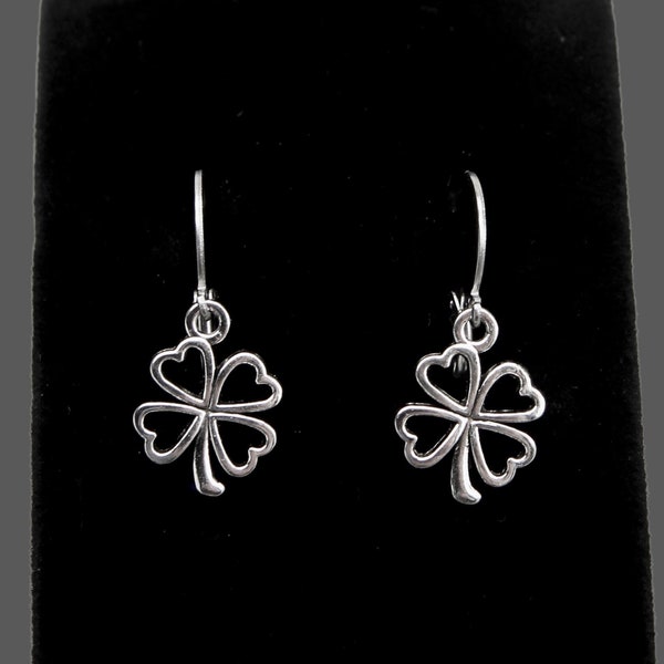 Silver Plated Open Four Leaf Clover Earrings with Heart Shaped Pedals on 304 Stainless Steel Huggie Hoops - Hypoallergenic - Lucky Earrings