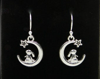 Solid 925 Sterling Silver (Stamped) Ear Wires on Silver Bunny, Moon & Star Drop Earrings - Hypoallergenic - Lightweight - Bunny Lovers!