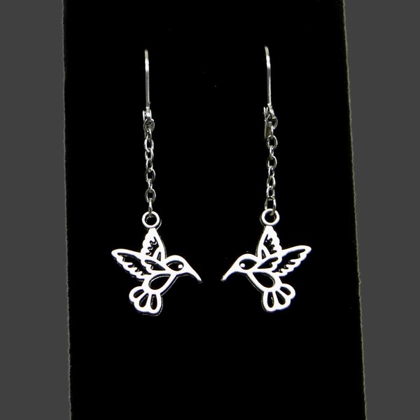 Silver Plated Open Hummingbird Dangle Earrings on 304 Stainless Huggie Hoops (lever backs)- Hypoallergenic - Perfect for hummingbird lovers