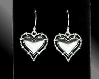 Solid 925 Sterling Silver (Stamped) Ear Wires on Ornate Puffed Hearts Drop Earrings - Hypoallergenic - Lightweight - Great Gift Idea for Her
