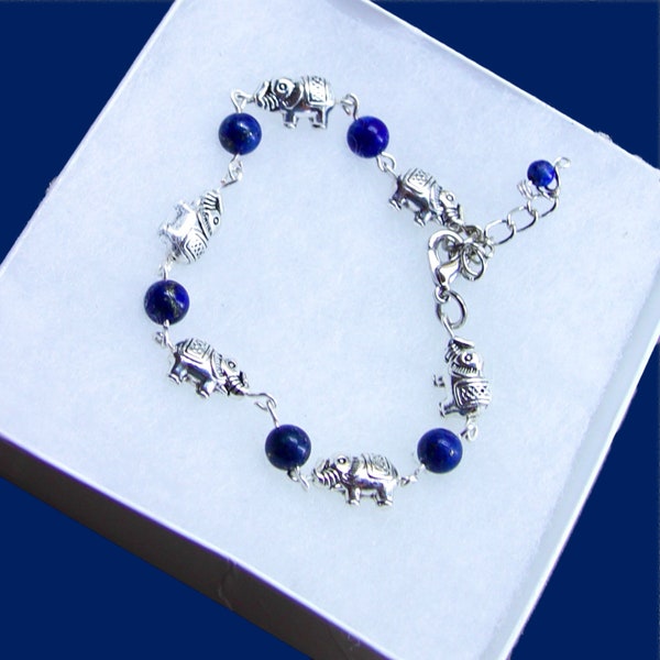 Alternating Genuine Lapis Lazuli Beads & Silver Elephant Charms Bracelet - Pick Your Length - Lobster Claw Clasp - Elephant Lovers Bracelet!