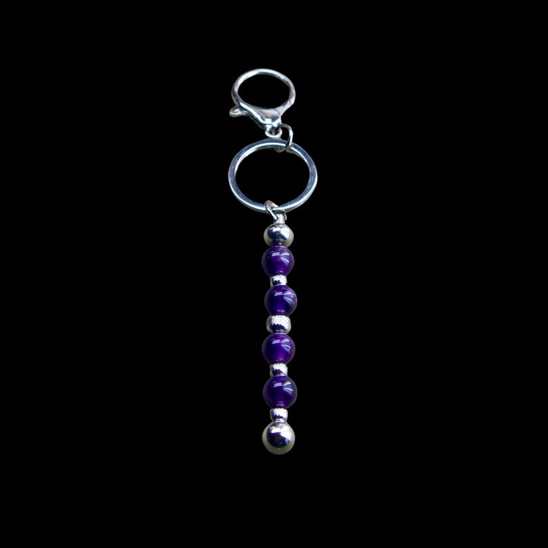 Bead Bar Key Ring Featuring Amethyst Gemstones & Diamond Cut Silver