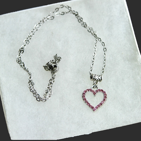 Pink Rhinestone Lined Silver Open Heart Pendant on Polished Stainless Steel Necklace - Lobster Claw Clasp - Petite - Lightweight- Reversible