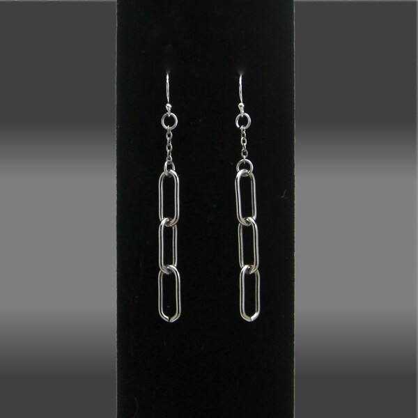 304 Stainless Steel Paper Clip Chain Dangle Earrings on Solid 925 Sterling Silver (STAMPED) Ear Wires - Hypoallergenic