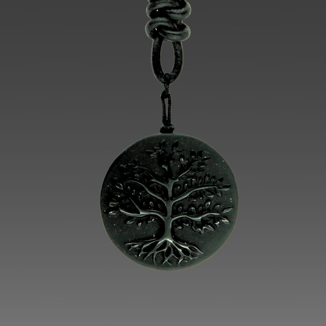 Carved Obsidian World Tree of Life Pendant on Hand Knotted Soft Black ...