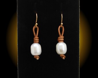 Gorgeous Pearls on Knotted Soft Brown Leather Drop Earrings - 14k Gold Plated 925 Sterling Silver (Stamped) Ear Wires - Hypoallergenic