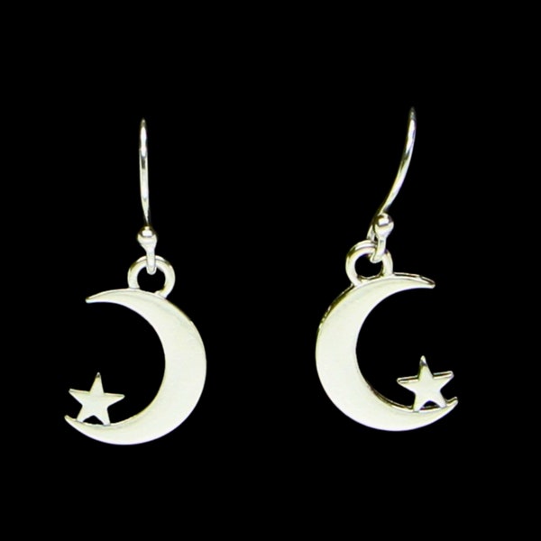 Solid 925 Sterling Silver (stamped) Ear Wires on Silver Plated Moon & Star Drop Earrings - Hypoallergenic - Lightweight - Great gift idea!