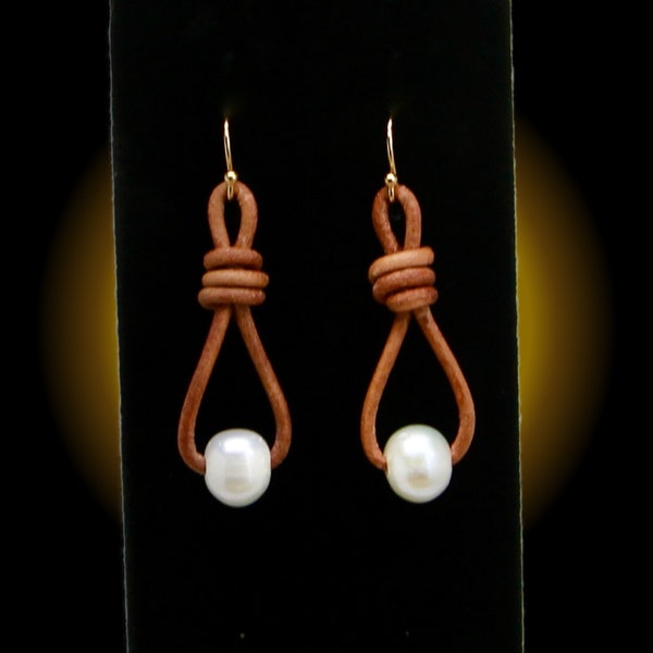 Gorgeous Pearls on Genuine Hand Knotted Brown Leather Hoop Earrings - 14k Gold Plated Solid 925 Sterling Silver Ear Wires - Hypoallergenic -