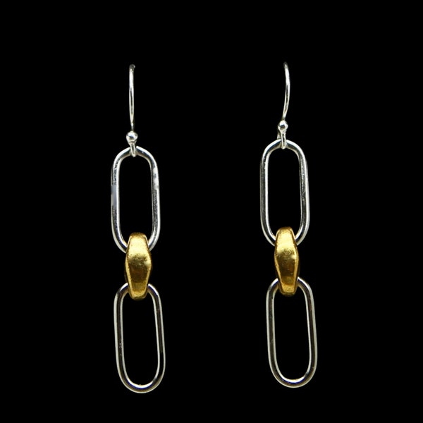 Mixed Metal - Gold & Silver - Paper Clip Earrings with Solid 925 Sterling Silver (stamped) Ear Wires - Hypoallergenic -