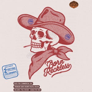 Born Reckless PNG image | Hand Drawn Cowboy Skull | 2 Versions | Western DTF Sublimation Vintage Shirt Design | Commercial Use PNG