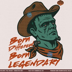 Op de afbeelding: Een grafische illustratie van een groenhuidig wezen met een bruine cowboyhoed en een halsdoek. De tekst Born Different Born Legendary is in het oranje geschreven. De afbeelding bevat een klein logo in de hoek met de tekst CHRIS DESIGN BY ART.
