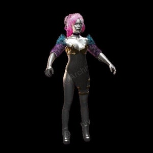 May include: A silver robot with pink hair wearing a black and silver dress with gold accents and purple and blue feathered shoulder pads.