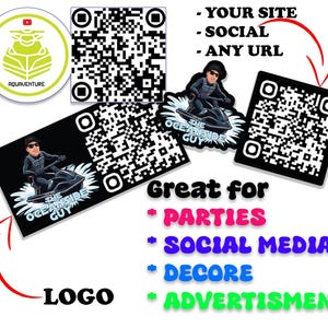 May include: A black and white QR code with the text "The Oceanside Guy" in a blue and white circle. The QR code is surrounded by a red arrow pointing to the left. The text "Great for" is written in black below the QR code. The text "Parties, Social Media, Decore, Advertisement" is written in pink, blue, light blue, and green below the text "Great for". The text "LOGO" is written in black below the text "Advertisement".