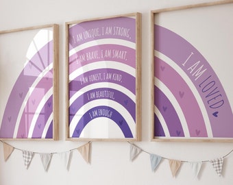 Girls Affirmation Print Set, Purple Rainbow Prints, I am print, girls bedroom decor, positive affirmations, girls nursery prints, playroom