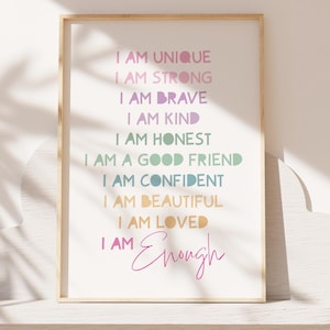 Girls Affirmation Print, Girls Bedroom Prints, Girls Bedroom Decor, Rainbow Prints, Positive, Motivational, I am Print, Playroom, Pastel