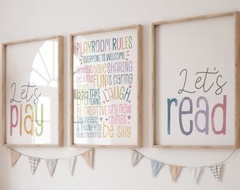 Playroom Rules Prints Set of 3, Girls Nursery Prints, Let's Play. Let's Read, Playroom Wall Art, Girls Bedroom Prints, Girls Wall Art