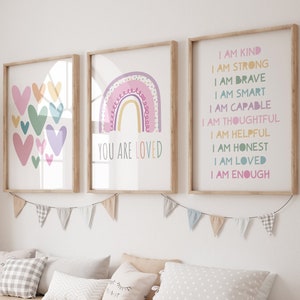 Girls Bedroom Decor, Girls Nursery Prints, Rainbow Wall Art, Hearts, Affirmation, Daily Affirmation Prints, Playroom Decor, Positive Prints