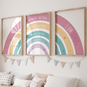 Girls Affirmation Print Set, Rainbow Prints, girls bedroom decor, positive affirmations, girls nursery decor, playroom, toddler, I am loved