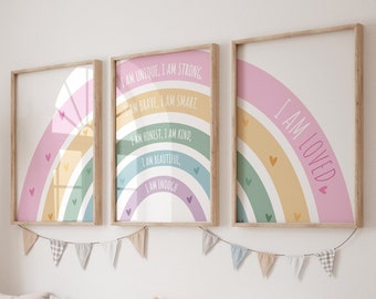 Girls Affirmation Print Set, Rainbow Prints, I am print, girls bedroom decor, positive affirmations, girls nursery decor, playroom, toddler