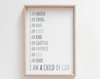 I am a child of God, Boys Affirmation Print, Christian Wall Art, Bible Verse Prints, Boys Bedroom Decor, Nursery Wall Art, Boys Playroom