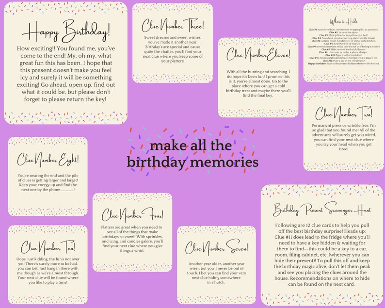 May include: A birthday scavenger hunt game with 12 clue cards. The cards are decorated with a colorful confetti pattern and have the text "Clue Number" followed by a number. The cards are on a light purple background.