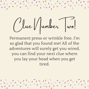 May include: A beige card with confetti border and the text "Clue Number Two!"  Permanent press or wrinkle free, I'm so glad that you found me! All of the adventures will surely get you wired, you can find your next clue where you lay your head when you get tired.