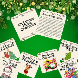 May include: A set of six colorful Christmas music charades cards with illustrations of Santa Claus, Rudolph the Red-Nosed Reindeer, carolers, and a Christmas tree. The cards are printed on a cream-colored background with a festive garland border.