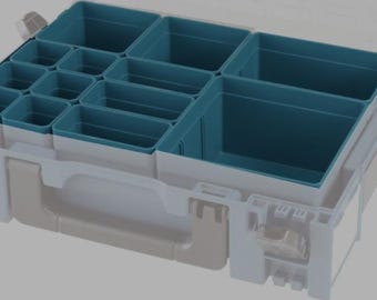 May include: A blue plastic storage box with multiple compartments for organizing small items. The box has a handle and a latch.