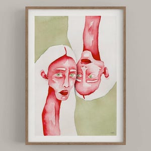 Poster di belle arti moderne, pittura contemporanea, ritratto astratto di donna verde e rosso, stampa di donne gemelle, decorazione murale astratta, donna che dà potere