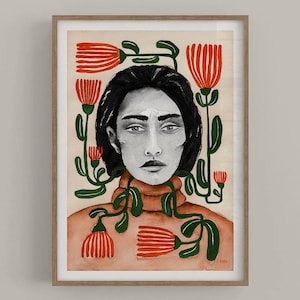 Poster di belle arti moderne, dipinto retrò femminile, ritratto astratto di donna in bianco e nero, stampa floreale retrò, decorazione murale di design nordico
