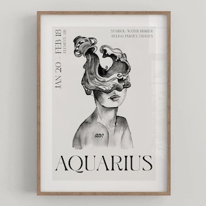 Plakat ze sztuką zodiaku Wodnika, plakat ze zodiakiem astrologicznym, akwarelowa sztuka ścienna Wodnika, kobiecy minimalistyczny znak zodiaku, nordycki wystrój ścienny
