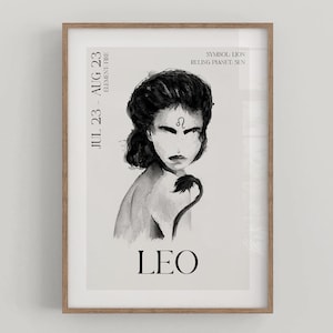 Poster artistico del segno zodiacale del Leone, poster dell'astrologia, poster murale acquerello del Leone, segno zodiacale minimalista femminile, design nordico, decorazione da parete