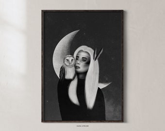 Girl Owl in Moonlight Print, Digital Art Poster, Black White Print, Modern Portrait Wall Art, Minimalistic Photo Art, Nordic Home Wall Decor