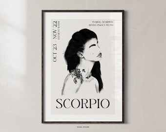 Scorpio Zodiac Art Poster, Astrology Zodiac Poster, Watercolor Scorpio Wall Art, Feminine Minimalistic Star Sign, Nordic Design, Wall Decor