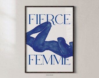 Fierce Femme Art Poster, Watercolor Print, Woman Empowering Body, Minimalistic Feminine, Minimalistic Blue Print, Nordic Design, Wall Decor