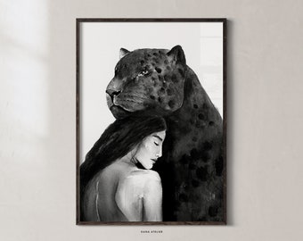 Panther Woman Print, Cat Poster, Watercolor Art Print, Modern Animal Poster, Minimalist Painting of Black Panther, Nordic Design Wall Decor