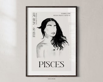 Pisces Zodiac Art Poster, Astrology Zodiac Poster, Watercolor Pisces Wall Art, Feminine Minimalistic Star Sign, Nordic Design, Wall Decor