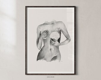 Feminine Art Poster, Watercolor Print, Modern Woman Body, Minimalistic Black White Portrait, Minimalist Print, Nordic Design Wall Decor