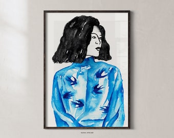 Woman Art Poster, Watercolor Print, Modern Abstract Female, Minimalistic Black Blue Portrait, Minimalist Print, Nordic Design Wall Decor