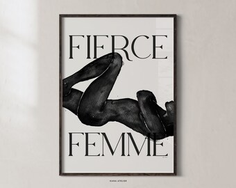 Fierce Femme Art Poster, Watercolor Print, Woman Empowering Body, Minimalistic Feminine, Minimalistic Black Print, Nordic Design, Wall Decor