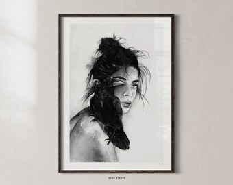 Feminine Art Poster, Watercolor Print, Modern Abstract Woman, Minimalistic Black White Portrait, Minimalist Print, Nordic Design Wall Decor