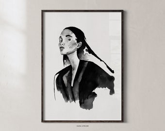 Feminine Art Poster, Watercolor Print, Modern Abstract Woman, Minimalistic Black White Portrait, Minimalist Print, Nordic Design Wall Decor