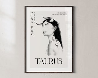 Taurus Zodiac Art Poster, Astrology Zodiac Poster, Watercolor Taurus Wall Art, Feminine Minimalistic Star Sign, Nordic Design, Wall Decor