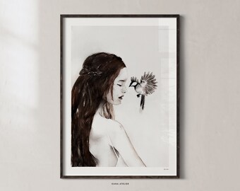 Feminine Art Poster, Watercolor Print, Modern Abstract Woman, Minimalistic Beige Portrait, Minimalist Print, Nordic Design Wall Decor