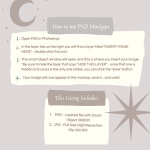 May include: A beige graphic with instructions on using PSD mockups. The text details steps for opening a PSD file in Photoshop, inserting an image, and saving the file. The listing includes a PSD layered file and a JPG file.